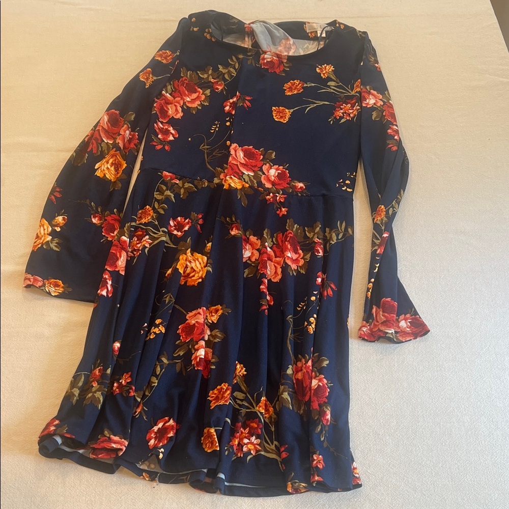 nine britton Navy Floral Long-Sleeve Dress with Red and Orange Blooms